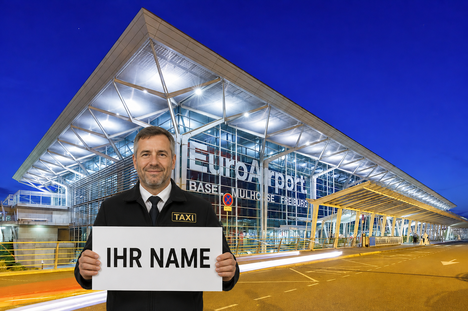 Professioneller Chauffeur mit Willkommensschild in Basel